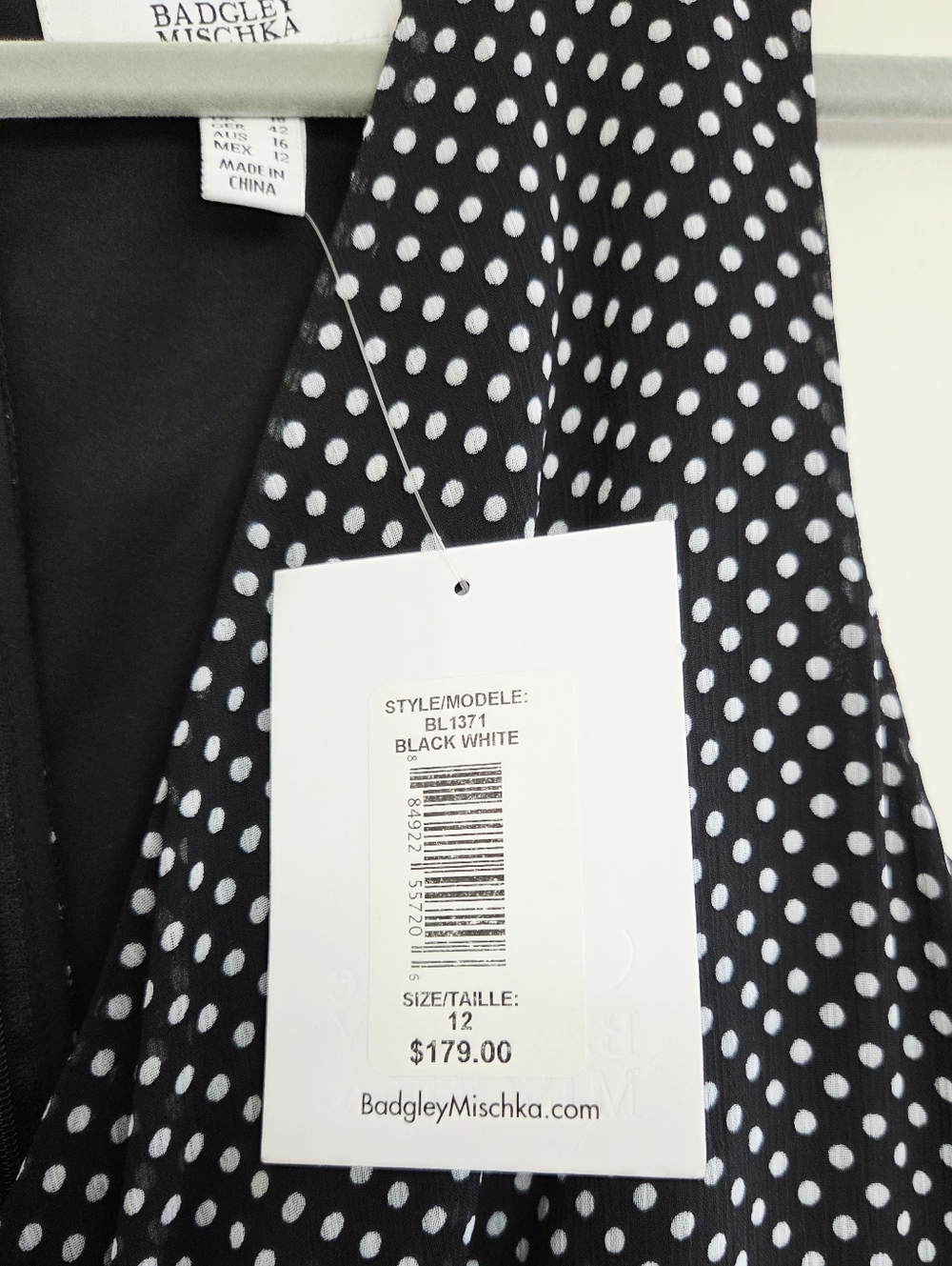 Belle BADGLEY MISCHKA Black White Polka Dot Chiffon Drape Waist Gown Dress 12 - Picture 3 of 4